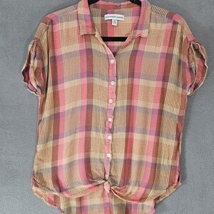 Alexander Jordan Womens Medium Button Up Plaid Shirt Cap Sleeve Front Tie Boho
